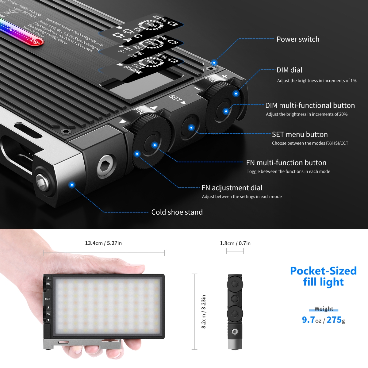 NEEWER RGBLEDビデオライト 撮影照明ライト　12W RGB150全色カメラライト アルミ合金ボディ CRI 97 、TLCI 97 、2500-8500K、3200mAh充電式バッテリー 12シーンモード ゲーム Vlog 写真用
